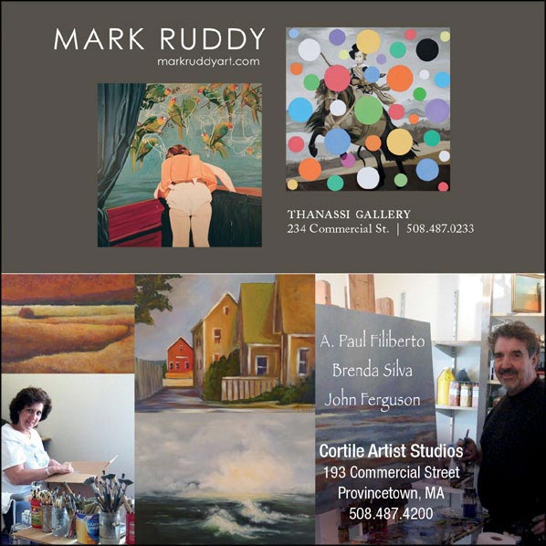 ad for Mark Ruddy with link to his website, ad for Cortile Artist Studios artists A. Paul Filiberto, Brenda Silva and John Ferguson