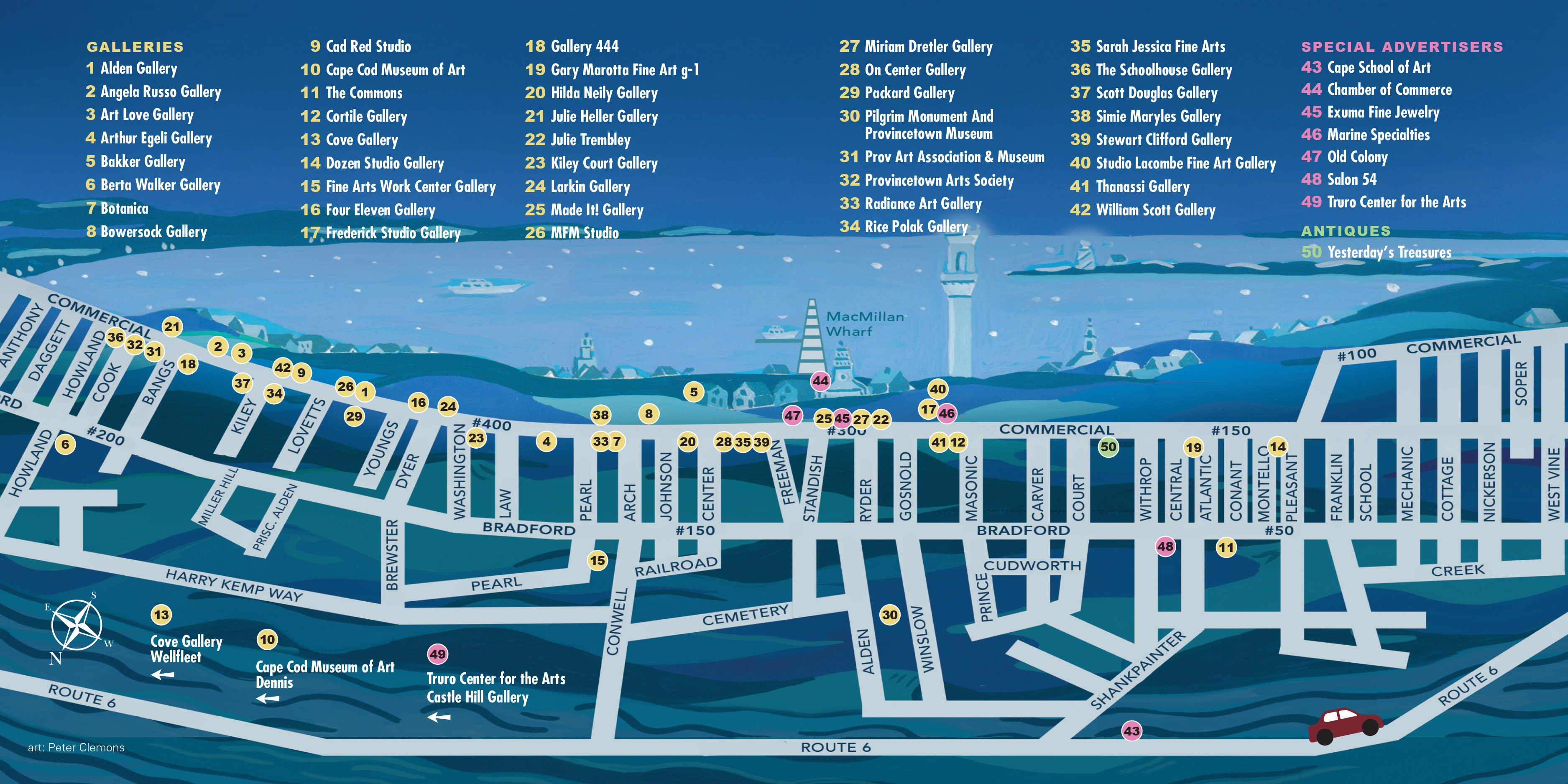 map of Provincetown showing locations of galleries, antiques, and special advertisers of Provincetown Art Guide